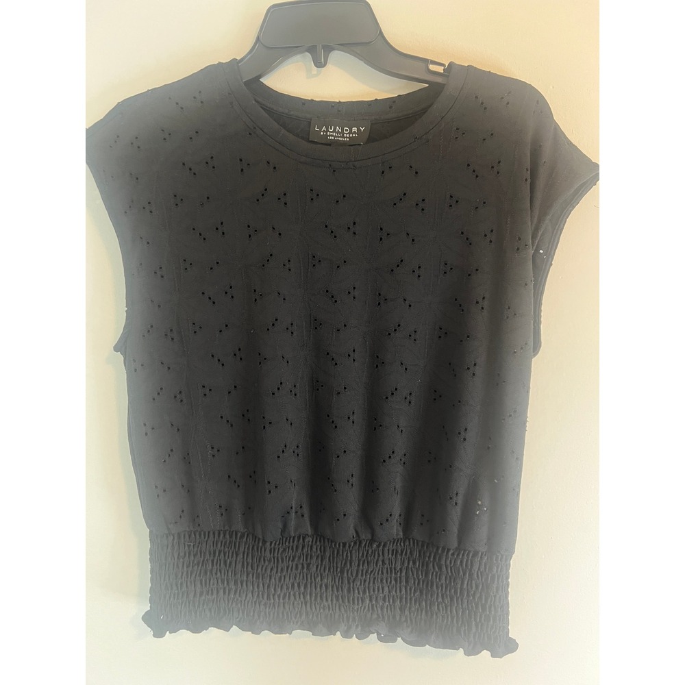 Laundry by Shelli Segal Black Eyelet Smocked Waist Sleeveless Blouse Top Medium